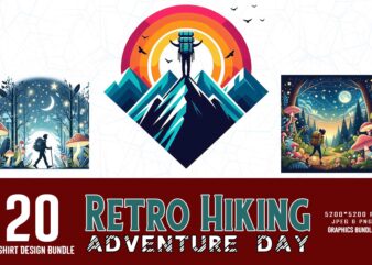 Trendy Retro Vintage Hiking Adventure t-shirt design bundle of 20 designs