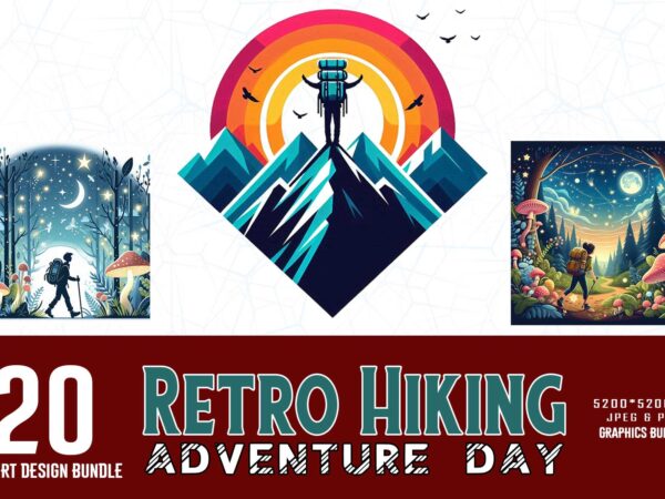 Trendy retro vintage hiking adventure t-shirt design bundle of 20 designs