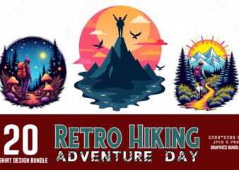 Trendy Retro Vintage Hiking Adventure t-shirt design bundle of 20 designs