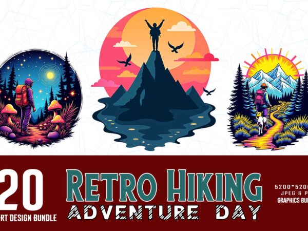 Trendy retro vintage hiking adventure t-shirt design bundle of 20 designs