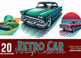 Vintage Colour Car t-shirt design bundle of 20 designs