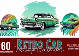 Vintage Colour Car t-shirt design bundle of 60 designs – download instantly Retro Vintage Illustration T-shirt Bundle