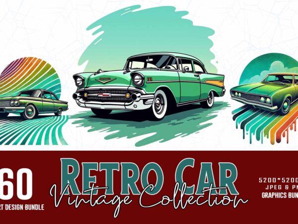 Vintage colour car t-shirt design bundle of 60 designs – download instantly retro vintage illustration t-shirt bundle