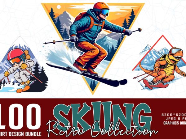 Bestselling trendy retro vintage winter sports skiing t-shirt design bundle of 100 designs – download instantly retro vintage tee bundle