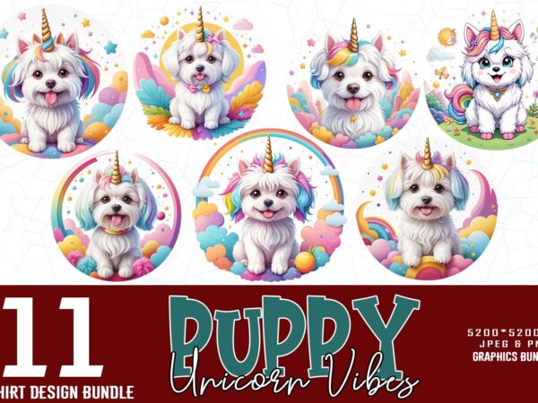 Trendy retro vintage unicorn puppy dog t-shirt design bundle of 11 designs – download instantly