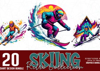 Vintage Colour Winter Sports Skiing t-shirt design bundle of 20 designs – download instantly Retro Vintage Illustration Bundle