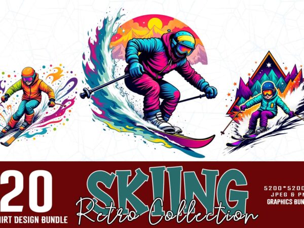 Vintage colour winter sports skiing t-shirt design bundle of 20 designs – download instantly retro vintage illustration bundle