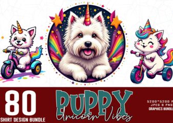 Bestselling 80 Vintage Puppy Unicorn t-shirt design bundle – download instantly