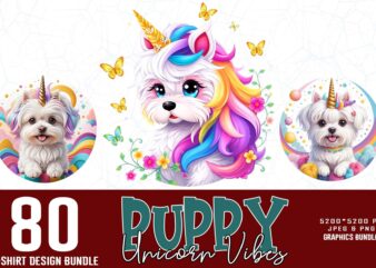 80 Popular Groovy Puppy Dog Unicorn Lover t-shirt design bundle