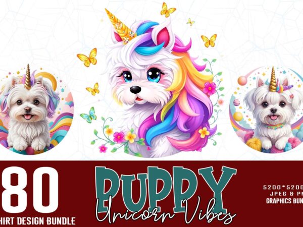 80 popular groovy puppy dog unicorn lover t-shirt design bundle