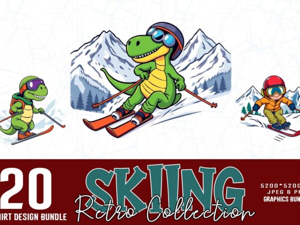 Trendy retro vintage winter sports skiing t-shirt design bundle of 20 designs – download instantly for print