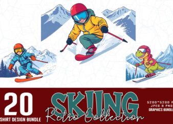 Winter Sports Skiing Illustration T-shirt design bundle of 20 designs – download instantly Retro Vintage T-shirt