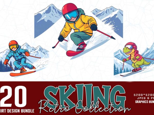 Winter sports skiing illustration t-shirt design bundle of 20 designs – download instantly retro vintage t-shirt