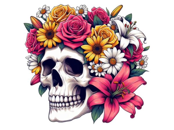 Watercolour floral skull retro illustration t-shirt design – download instantly