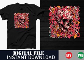 Vibrant colorful skull vector t-shirt design, edgy neon skull graphic t-shirt art, bold psychedelic skull print t-shirt