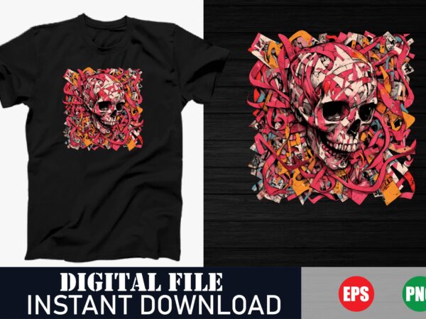 Vibrant colorful skull vector t-shirt design, edgy neon skull graphic t-shirt art, bold psychedelic skull print t-shirt