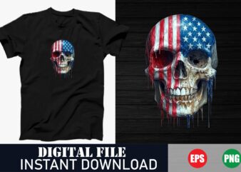 Colorful USA Skull Patriotic T-Shirt Design, American Flag Skull Vintage Graphic Tee, Bold Patriotic USA Skull Vector Art