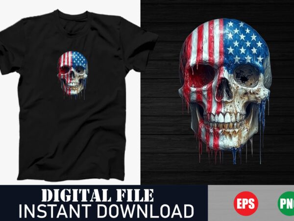 Colorful usa skull patriotic t-shirt design, american flag skull vintage graphic tee, bold patriotic usa skull vector art