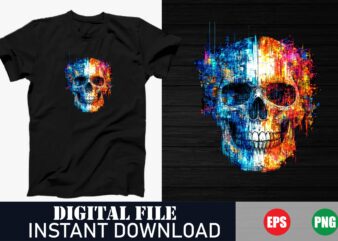 Vibrant Colorful Skull Vector T-Shirt Design, Trippy Psychedelic Skull Art T-Shirt Print, Neon Colorful Skull Graphic Tee