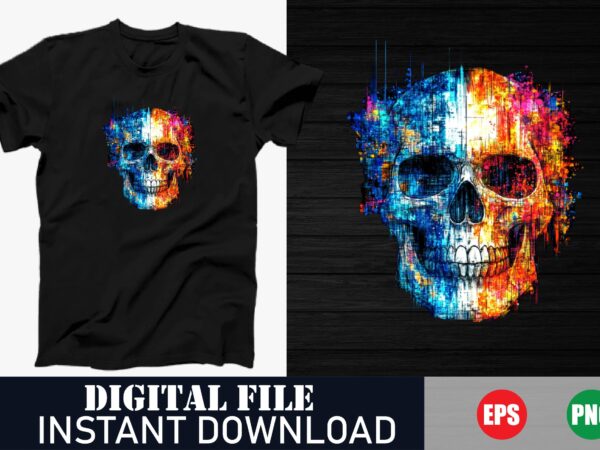 Vibrant colorful skull vector t-shirt design, trippy psychedelic skull art t-shirt print, neon colorful skull graphic tee