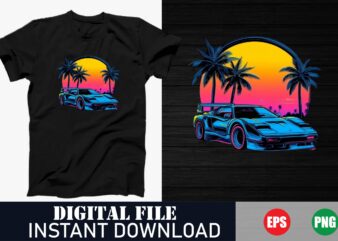 Retro Synthwave Neon Sunset T-Shirt Design, 80s Retro Wave Colorful Vector T-Shirt, Synthwave Vibes Neon Grid T-Shirt, 80s Nostalgia Retro