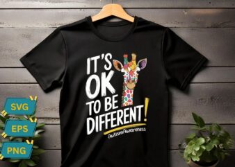 It’s Ok To Be Different Autism Awareness T-shirt design vector, Colorful Giraffe, It’s OK to be Different