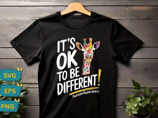 It’s ok to be different autism awareness t-shirt design vector, colorful giraffe, it’s ok to be different