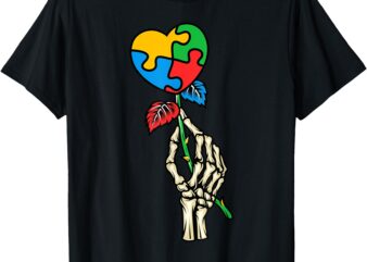 Autism Awareness Skull Hand Rose Autism Puzzle Piece Heart T-Shirt