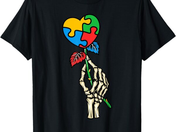 Autism awareness skull hand rose autism puzzle piece heart t-shirt