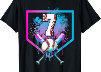 Baseball Drip 7th Birthday Home Plate Boys Youth 7 Year Old T-Shirt