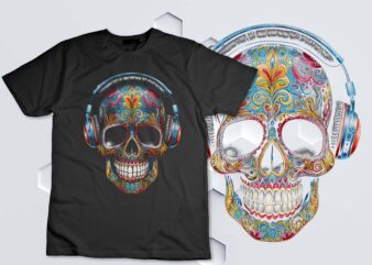 Headphones Cinco de Mayo Sugar Skull Cool Music Lover T-Shirt design