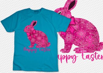 Womens Happy Easter Pink Floral Chinoiserie Bunny Easter Kids V-Neck T-Shirt design