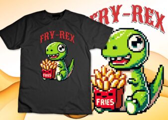 Pixel Cute Dino with Fries – Funny Retro Gaming Style T-Shirt