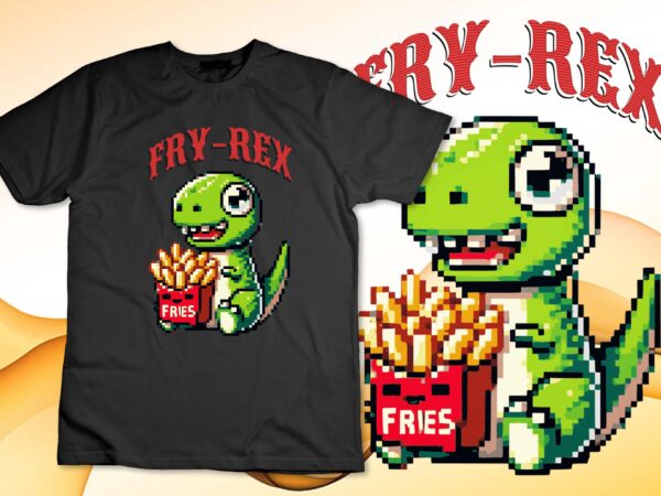 Pixel cute dino with fries – funny retro gaming style t-shirt