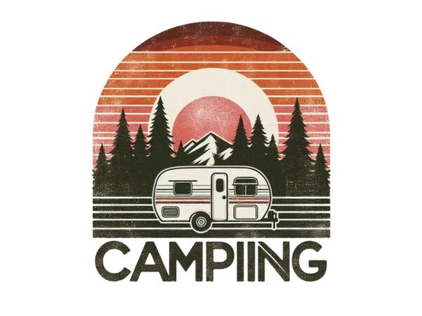 Watercolour camping retro illustration t-shirt design – download instantly