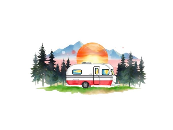 Watercolour camping retro illustration t-shirt design – download instantly