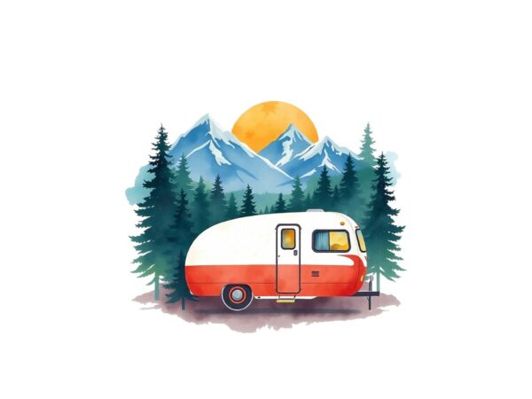 Watercolour camping retro illustration t-shirt design – download instantly