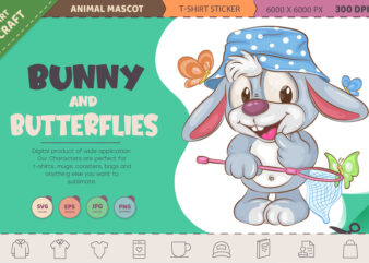 Cartoon bunny and butterflies. T-Shirt, PNG, SVG.