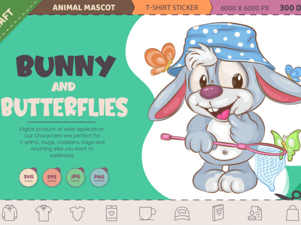 Cartoon bunny and butterflies. t-shirt, png, svg.