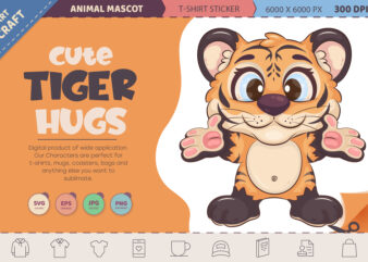 Cute cartoon tiger hugs. T-Shirt, PNG, SVG.