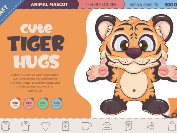 Cute cartoon tiger hugs. t-shirt, png, svg.