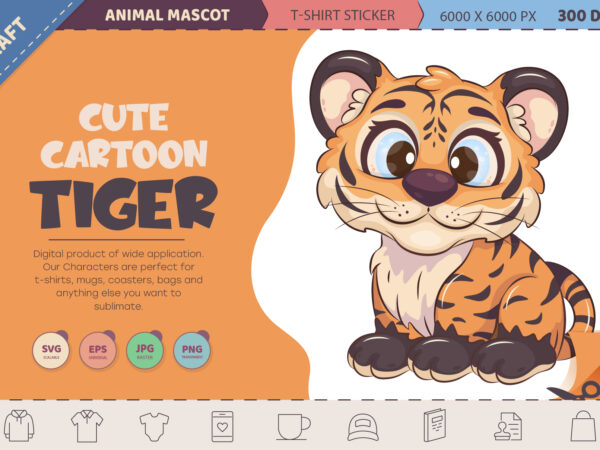 Cute cartoon tiger. t-shirt, png, svg.