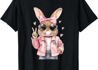 Easter Bunny Blowing Bubble Peace Sign Pink Coquette Bow T-Shirt