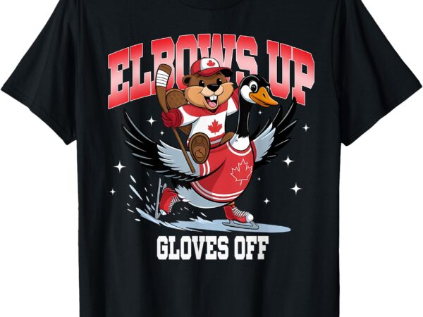 Elbows up gloves off funny hockey canada flag t-shirt