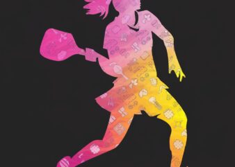 Female Pickleball Player Silhouette – Gradient Pink Orange Yellow, Sporty Icons, Black Background, Modern Stylish Design for Women Athletes,