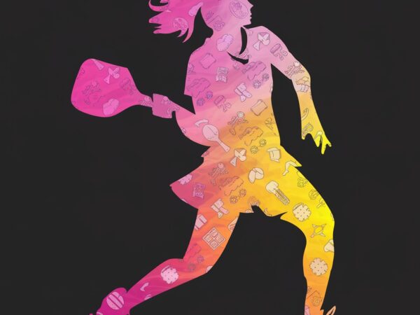 Female pickleball player silhouette – gradient pink orange yellow, sporty icons, black background, modern stylish design for women athletes,