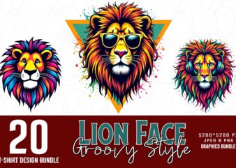 Trendy Retro Punk Lion t-shirt design bundle of 20 designs