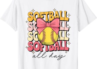 Groovy Softball Coquette Bow Softball Lover Softball All Day T-Shirt