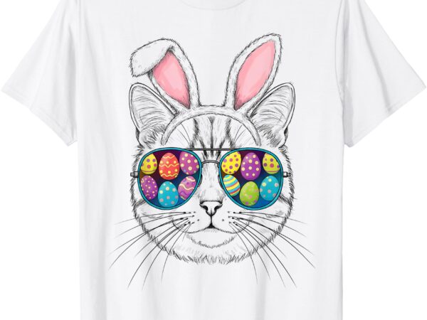 Happy easter day cat face wearing glasses rabbit headband t-shirt