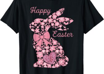 Happy Easter Pink Floral Chinoiseries Bunny Coquette Bow T-Shirt